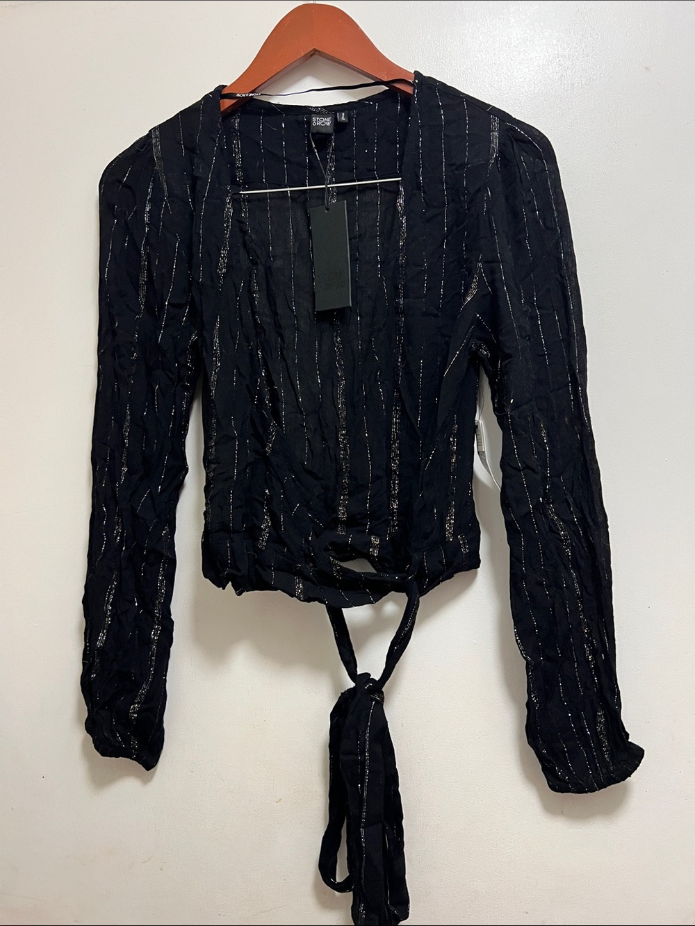 Women's Black Metallic-Striped Tie-Front Blouse